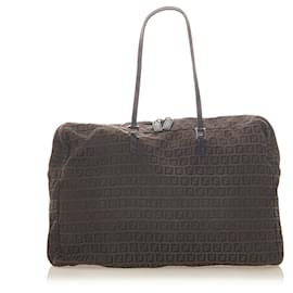 Fendi-Fendi Brown Zucchino Canvas Travel Bag-Brown,Black,Dark brown