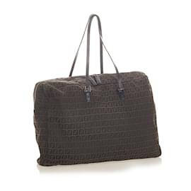 Fendi-Fendi Brown Zucchino Canvas Travel Bag-Brown,Black,Dark brown