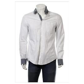 Dolce & Gabbana-BRAD - Camicia bianca in cotone a righe, Rifinitura blu, Ologramma di sicurezza-Bianco,Blu