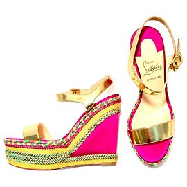 Christian Louboutin Louboutin rosa, sandali espadrillas gialli e verdi con zeppa e cinturini alla caviglia dorati Multicolore
