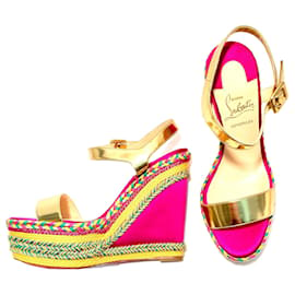 Christian Louboutin-Louboutin rosa, sandali espadrillas gialli e verdi con zeppa e cinturini alla caviglia dorati-Multicolore