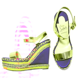 Christian Louboutin-Louboutin pink, yellow & green espadrille wedge sandals with gold ankle straps-Multiple colors