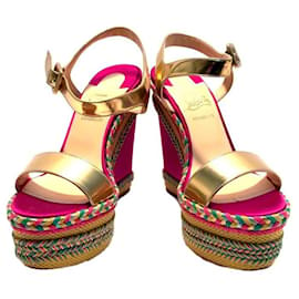 Christian Louboutin-Louboutin pink, yellow & green espadrille wedge sandals with gold ankle straps-Multiple colors