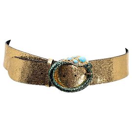 Cinto Roberto Cavalli em couro dourado com fivela cobra verde Dourado Metálico
