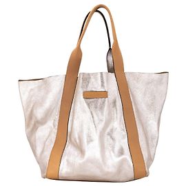Brunello Cucinelli tote in silver distressed leather with tan leather straps Silvery Metallic