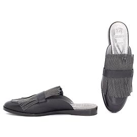 Mules Brunello Cucinelli in pelle nera con perline Precious argento Nero