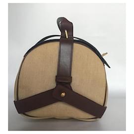 Hermès-Sac en cuir toile toile Hermès-Marron,Beige