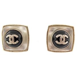 Chanel-NEUF BOUCLES D'OREILLES CHANEL CARRE LOGO CC & STRASS METAL DORE EARRINGS-Doré