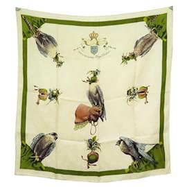 Hermès-HERMES FALCONRY ROYAL DEDUCTED LINARES CARRE SCARF 90 SILK BROOCH SCARF-Beige