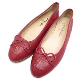 Chanel-CHANEL SHOES BALLERINAS LOGO CC 37.5 RED GRAIN LEATHER SHOES-Red