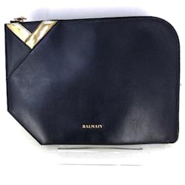 Balmain-* BALMAIN (Balmaın) leather L-shaped fastener clutch bag men's-Black