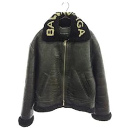 Balenciaga-BALENCIAGA Shearling Bombadier Shirring logo color Mouton leather jacket-Black