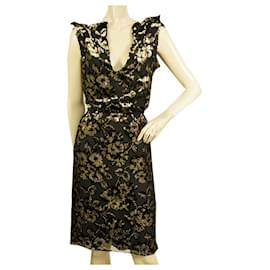 Lanvin-Lanvin Black & Gold Floral Devore Sleeveless Cocktail Evening Knee dress size 40-Black,Golden