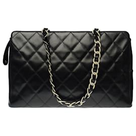 Chanel-Hervorragende Chanel Cabas Handtasche aus schwarzem gestepptem Leder, zweifarbige schwarze und ecrufarbene Kunststoffverkleidung-Schwarz