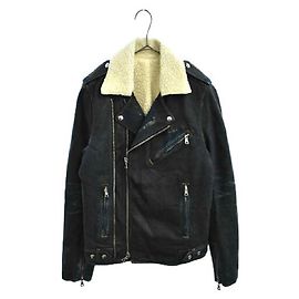 * BALMAIN (Balmaın) Dennim Painted Mouton Bikers Jacket Back bore denim coating processing lined riders jacket navy Navy blue