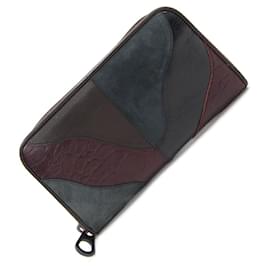 Bottega Veneta-* Bottega Veneta Round Fastener Long Wallet Dark Brown Bordeaux Black Leather Croco Embossed Leather Swede-Dark brown