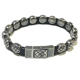 Bottega Veneta-* BOTTEGA VENETA Intrecciato accessories accessory bracelet AG925 / leather men's silver x black-Black,Silvery