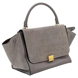 Céline-Céline Trapeze MM bag grey leather with croc embossed flap-Grey
