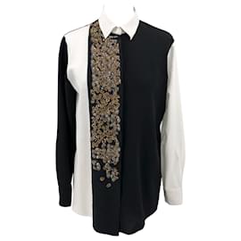 Etro-Camisa Etro de crepé de seda blanco y negro con bordado de flores doradas y cristales-Negro