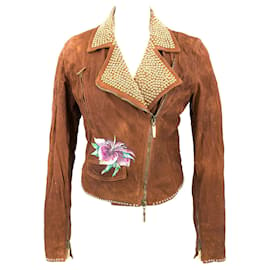 Roberto Cavalli-Roberto Cavalli 2003 runway leather jacket in brown with flower embroidery-Brown