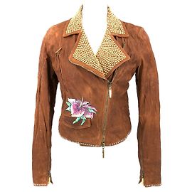Roberto Cavalli 2003 Runway-Lederjacke in Braun mit Blumenstickerei Braun
