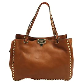 Valentino-Brown Grained Leather Tote with Studs-Brown