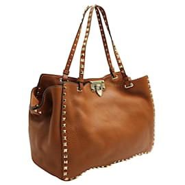 Valentino-Brown Grained Leather Tote with Studs-Brown