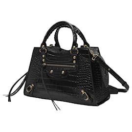 Balenciaga-Neo Classic City S Bag in Black Crocodile Effect Leather-Black