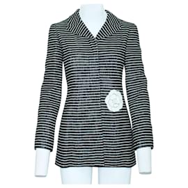 Chanel-Vintage Striped Jacket with Camelia Flower Embroidery-Black