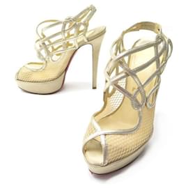 Christian Louboutin-CHRISTIAN LOUBOUTIN SHOES SANDALS HEELS 36 GOLD LEATHER & CANVAS SHOES-Golden