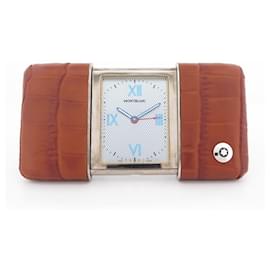Montblanc-MONTBLANC TRAVEL CLOCK 7158 TRAVEL CLOCK CROCODILE LEATHER ALARM CLOCK-Brown