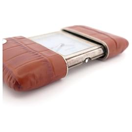 Montblanc-MONTBLANC TRAVEL CLOCK 7158 TRAVEL CLOCK CROCODILE LEATHER ALARM CLOCK-Brown