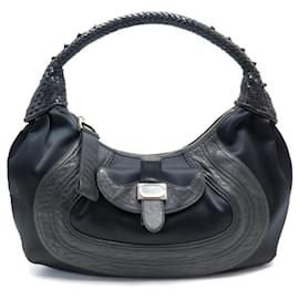 Fendi-FENDI SPY HOBO HANDBAG 8BR545 LEATHER & BLACK SATIN CANVAS HAND BAG PURSE-Black