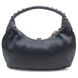 Fendi-FENDI SPY HOBO HANDBAG 8BR545 LEATHER & BLACK SATIN CANVAS HAND BAG PURSE-Black