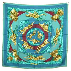 Hermès HERMES CHEEPARDS SCIARPA QUADRATA ROBERT DALLET 90 Sciarpa di seta turchese Turchese