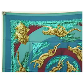 Hermès-HERMES CHEEPARDS ROBERT DALLET SQUARE SCARF 90 TURQUOISE SILK SCARF-Turquoise