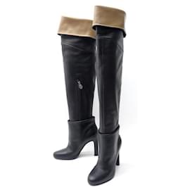 Hermès-HERMES Thigh High Boots 38.5 BLACK LEATHER BOOTS SHOES-Black