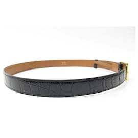 Hermès-Hermes waist belt 80 BLACK CROCODILE LEATHER & VERMEIL LEATHER BELT BUCKLE-Black