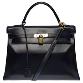 Hermès-Splendid Hermes Kelly handbag 28 turned shoulder strap in navy blue box leather, gold plated metal trim-Navy blue