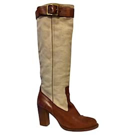 Barbara Bui-Barbara Bui leather and linen riding boots-Brown,Beige