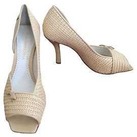 Bcbg Max Azria Open Toe Leather Raffia Pumps Beige Beige Cream Eggshell