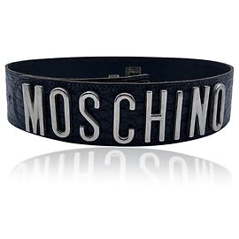 Moschino Redwall Vintage Black Leather Wide Lettered Logo Belt Black