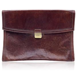 Autre Marque-Brown Leather Portfolio Briefcase Work Bag Handbag-Brown