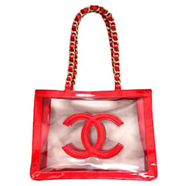 Chanel-Chanel 1995 Transparent Patent Leather CC Bag / Shopping Tote by Karl Lagerfeld-Red