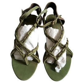 7 For All Mankind Braided Leather Wedge Sandals Beige Khaki Beige Khaki