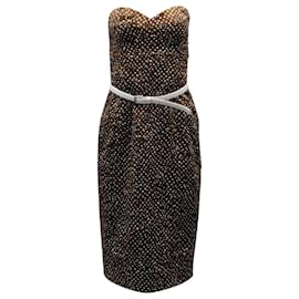 Michael Kors-Michael Kors Polka Dot Belted Strapless Cocktail Dress in Brown/White Silk-Brown