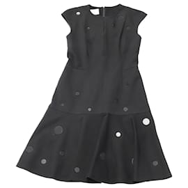 Akris-Akris Punto Zip-Front Cap-Sleeve Tonal-Dot Embroidered Godet Dress in Black Polyester Blend-Black