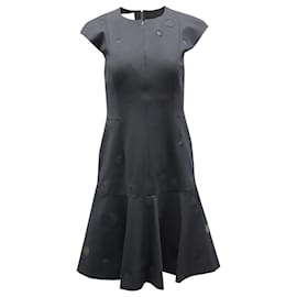 Akris-Akris Punto Zip-Front Cap-Sleeve Tonal-Dot Embroidered Godet Dress in Black Polyester Blend-Black