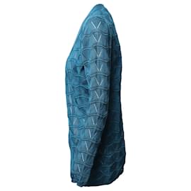 Missoni-Missoni Lange gemusterte Strickjacke aus blauer Schurwolle-Blau
