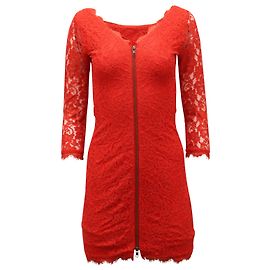 Diane Von Furstenberg Mini Robe Zippée Devant en Polyester Rouge et Dentelle Rouge